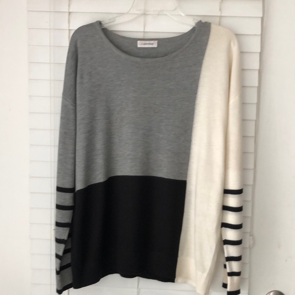 Calvin Klein Sweater Long Sleeves Color Block Stripe Gray Black White SZ XL